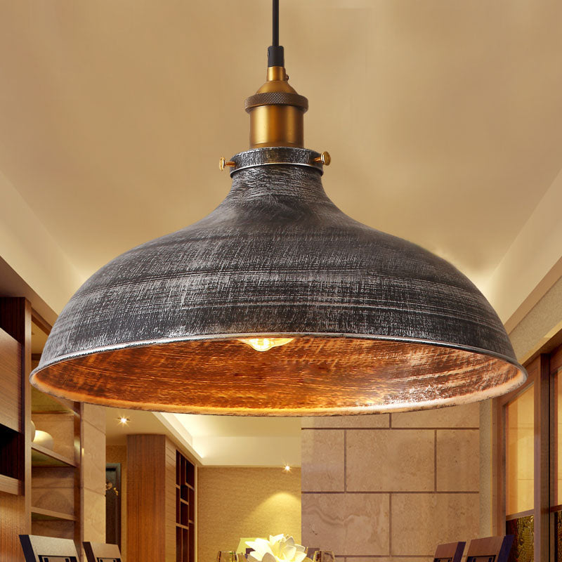 Silver Gray 1 Bulb Pendant Lamp Antique Style Metal Bowl Shade Hanging Light with Plug-In Cord