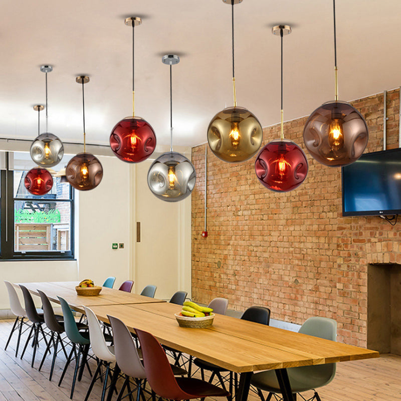 Modern Style 1 Bulb Pendant Light with Concave Glass Shade Silver/Red Global Hanging Light Fixture for Restaurant