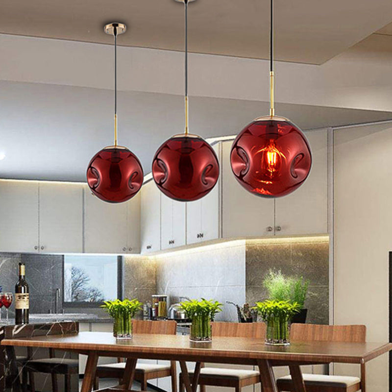 Modern Style 1 Bulb Pendant Light with Concave Glass Shade Silver/Red Global Hanging Light Fixture for Restaurant