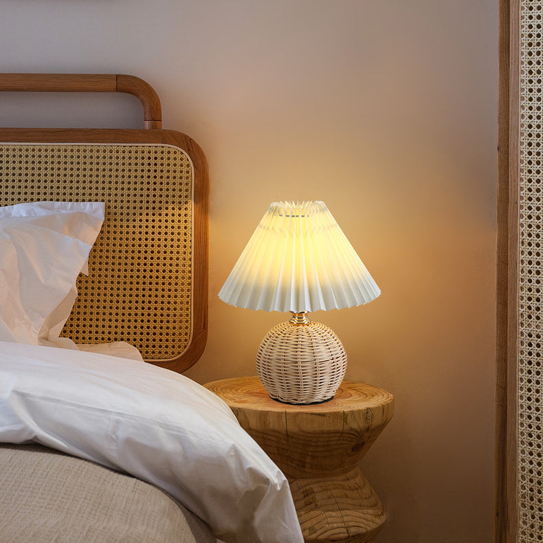 Nordic Rattan Pleated Fabric Conic LED Table Lamp 1-Light