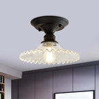 One Light Scalloped Semi Flush Light Industrial Clear/Green Ribbed Glass Lighting Fixture for Indoor