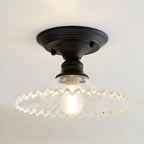 One Light Scalloped Semi Flush Light Industrial Clear/Green Ribbed Glass Lighting Fixture for Indoor