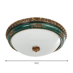 Green LED Flush Ceiling Light Fixture Retro Opal Glass Bowl Flushmount for Bedroom, 14"/16"/19.5" W