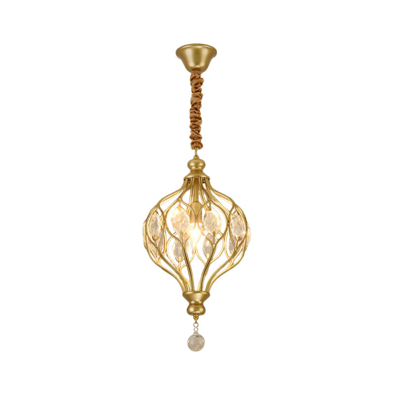 Lantern Bedroom Hanging Pendant Light Traditional Crystal 1 Bulb Black/Gold Ceiling Suspension Lamp