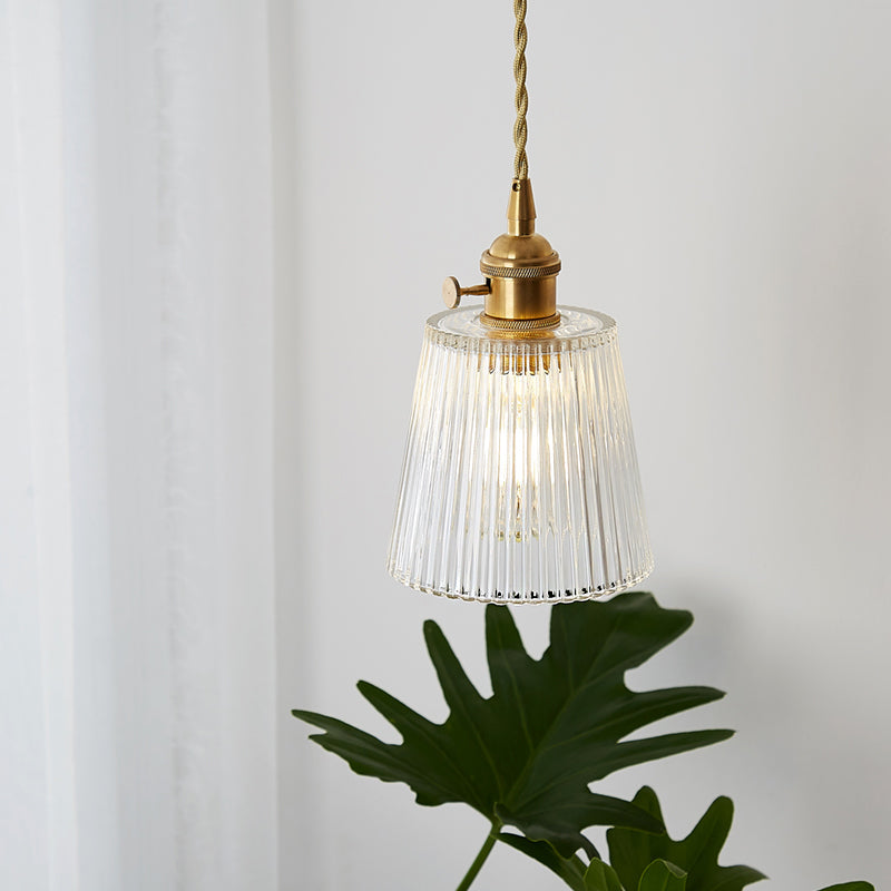 Contemporary Cone Hanging Ceiling Light 1 Light Ribbed Glass Pendant Lighting in Brass