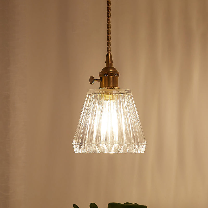 Contemporary Cone Hanging Ceiling Light 1 Light Ribbed Glass Pendant Lighting in Brass
