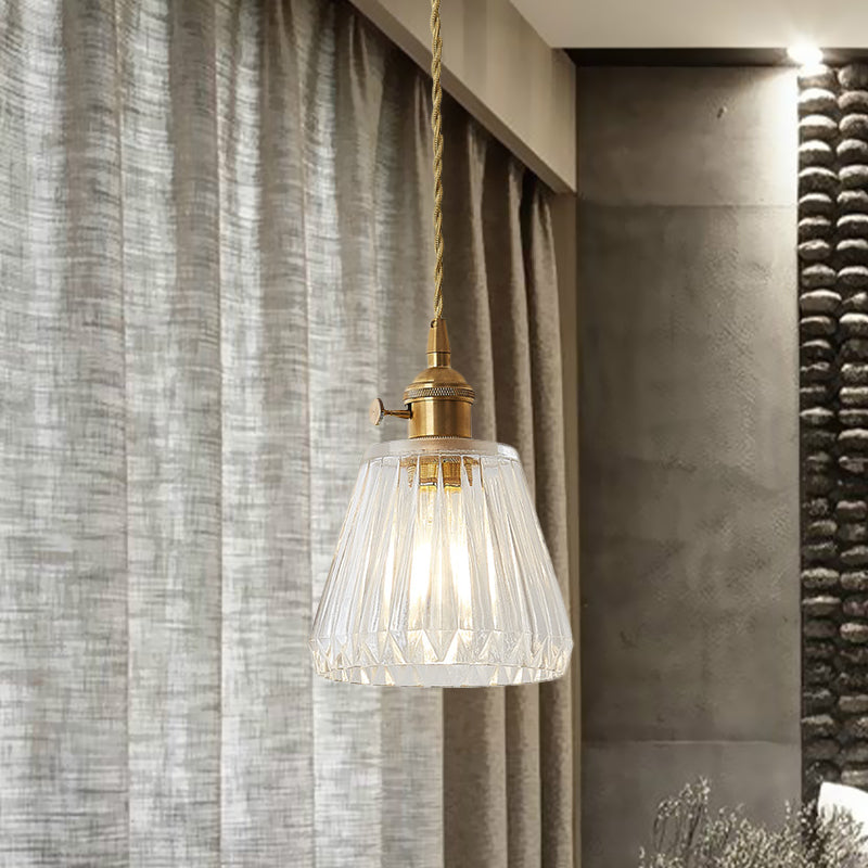 Contemporary Cone Hanging Ceiling Light 1 Light Ribbed Glass Pendant Lighting in Brass