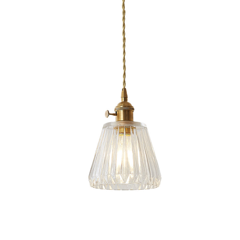 Contemporary Cone Hanging Ceiling Light 1 Light Ribbed Glass Pendant Lighting in Brass