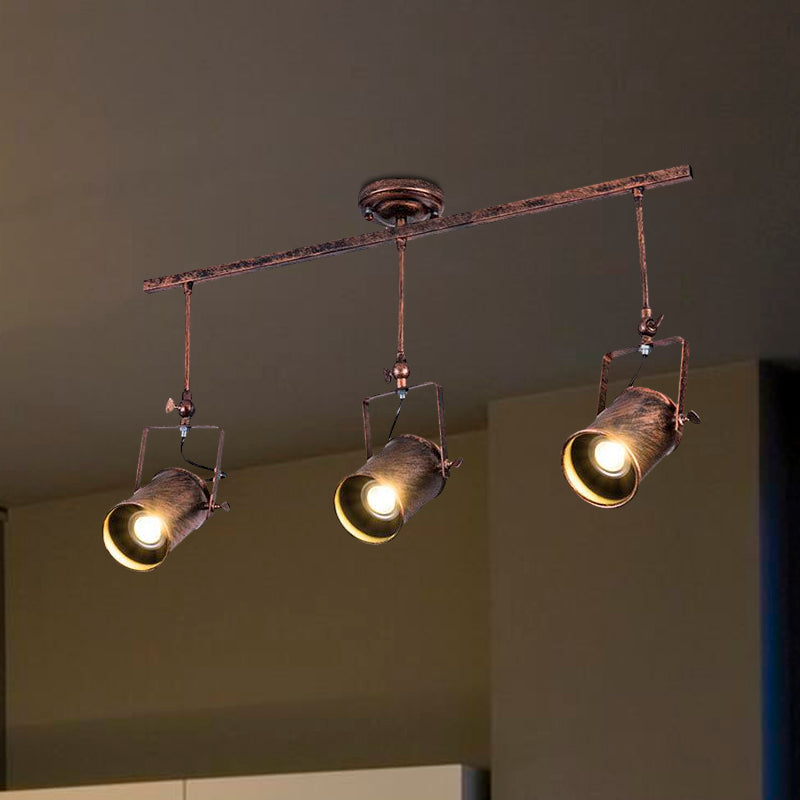 Antique Style Cylinder Track Light 1/2/3-Light Wrought Iron Semi-Flush Ceiling Light in Dark Rust for Coffee Shop