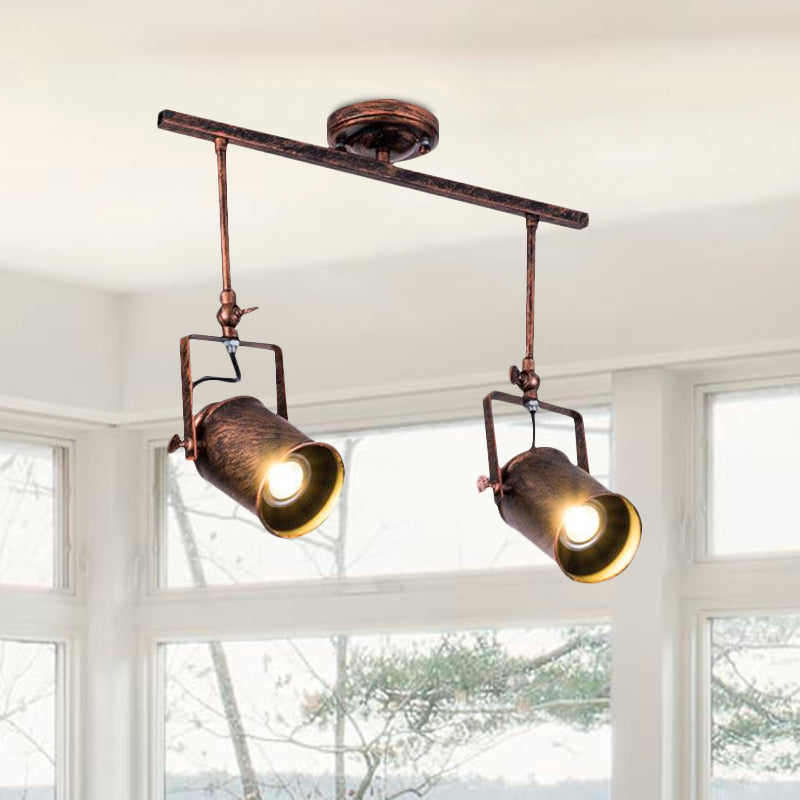 Antique Style Cylinder Track Light 1/2/3-Light Wrought Iron Semi-Flush Ceiling Light in Dark Rust for Coffee Shop