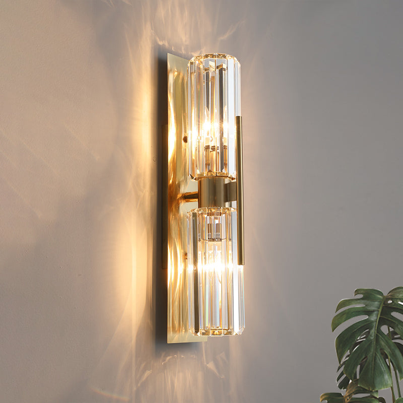 Traditional Tubular Flush Wall Sconce 2 Bulbs Clear Crystal Up and Down Wall Lighting in Gold