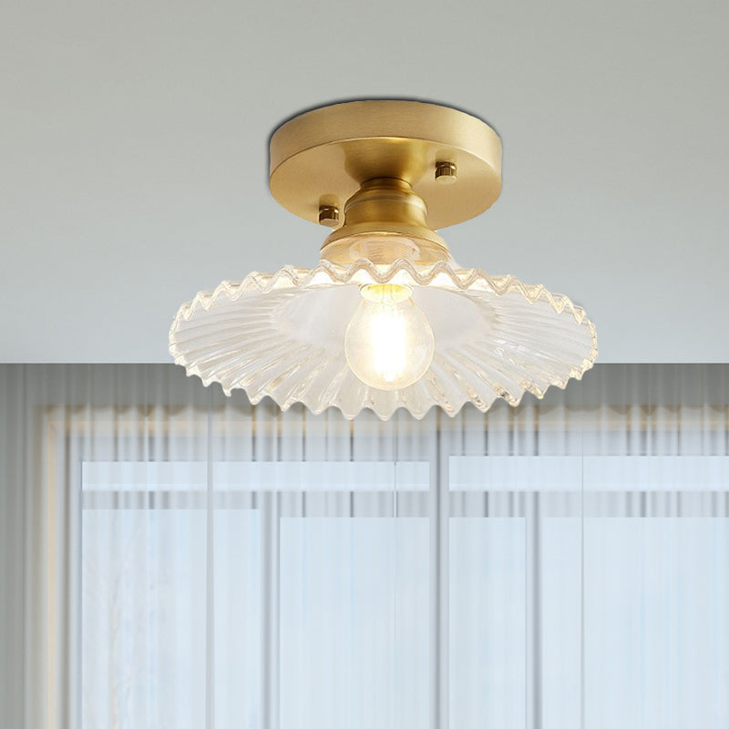 1 Light Flared Semi Flush Light Industrial Clear/Green Ribbed Glass Ceiling Mount for Living Room