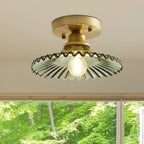 1 Light Flared Semi Flush Light Industrial Clear/Green Ribbed Glass Ceiling Mount for Living Room