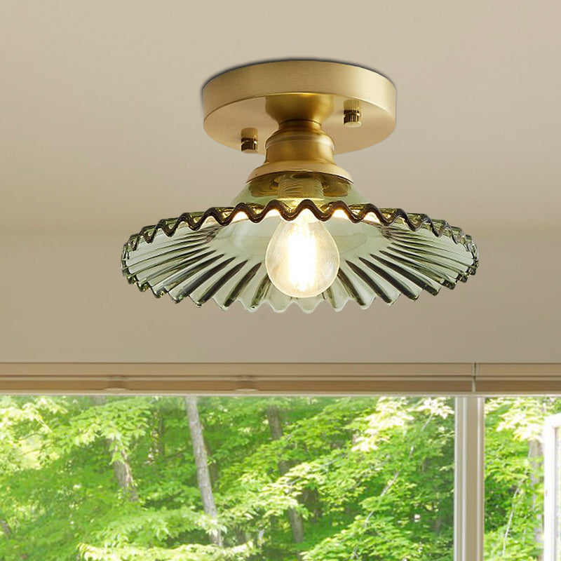 1 Light Flared Semi Flush Light Industrial Clear/Green Ribbed Glass Ceiling Mount for Living Room