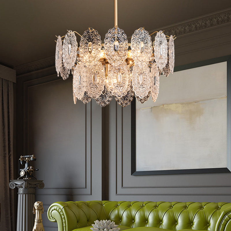 5/7 Heads Embossed Crystal Panels Chandelier Lamp Modern Gold Canopy Tapered Bedchamber Pendant Lighting, 15.5"/19.5" W