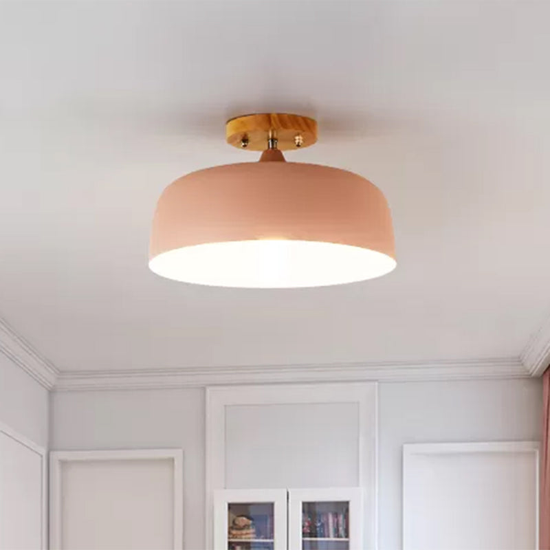 1 Light Gray/White/Pink/Green Ceiling Flush Mount Light with Drum Metal Lampshade Simple Semi-Flushmount Lamp