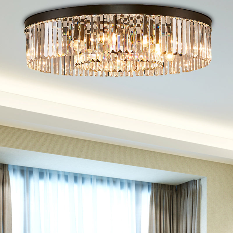 Vintage Circular Flush Mount Lighting Metal 4/6/8 Lights Ceiling Lamp with Clear Crystal Prism in Black