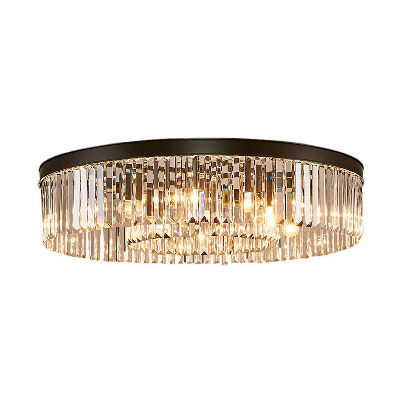 Vintage Circular Flush Mount Lighting Metal 4/6/8 Lights Ceiling Lamp with Clear Crystal Prism in Black
