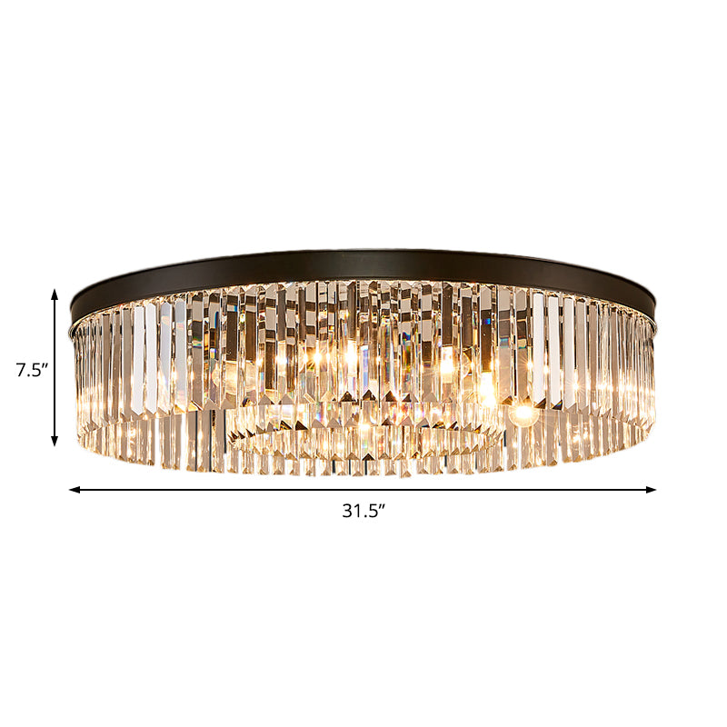 Vintage Circular Flush Mount Lighting Metal 4/6/8 Lights Ceiling Lamp with Clear Crystal Prism in Black