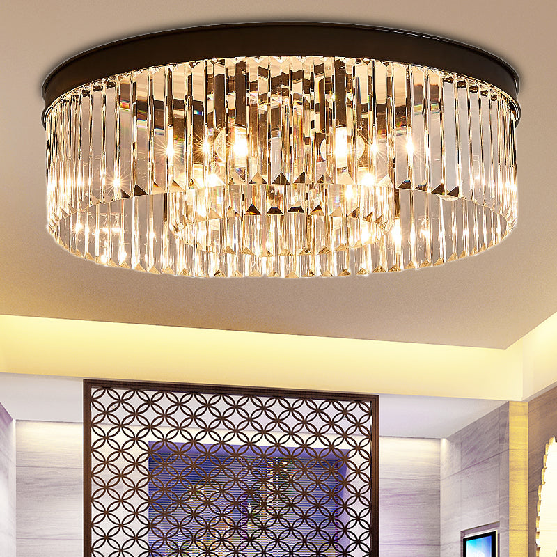 Vintage Circular Flush Mount Lighting Metal 4/6/8 Lights Ceiling Lamp with Clear Crystal Prism in Black