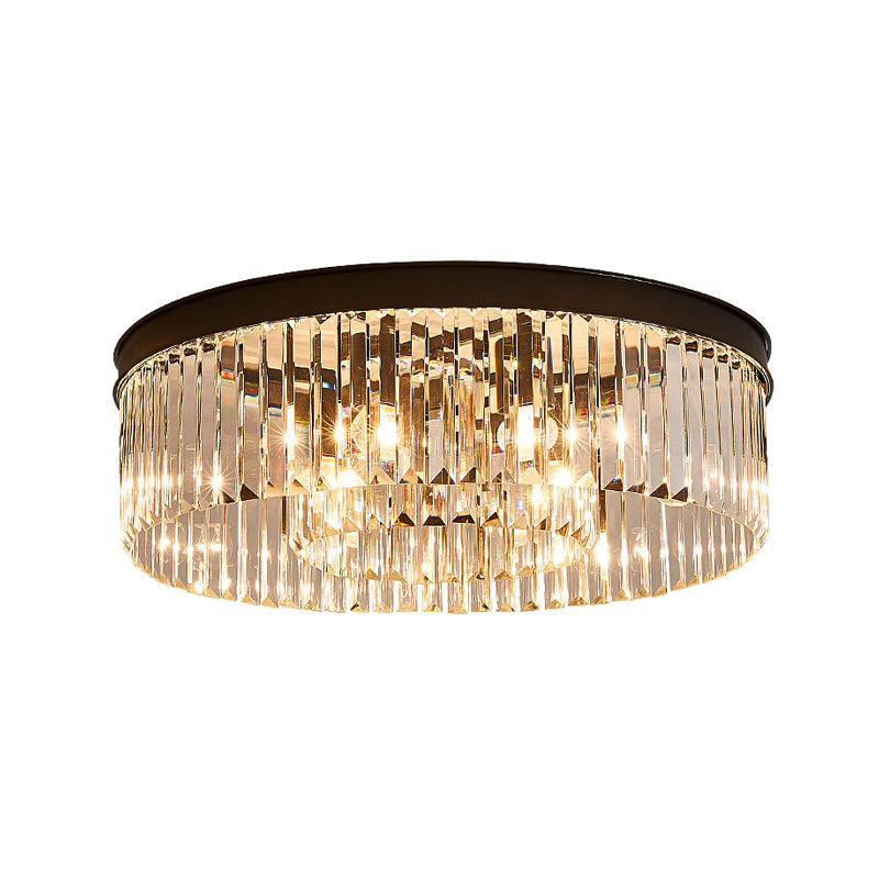 Vintage Circular Flush Mount Lighting Metal 4/6/8 Lights Ceiling Lamp with Clear Crystal Prism in Black