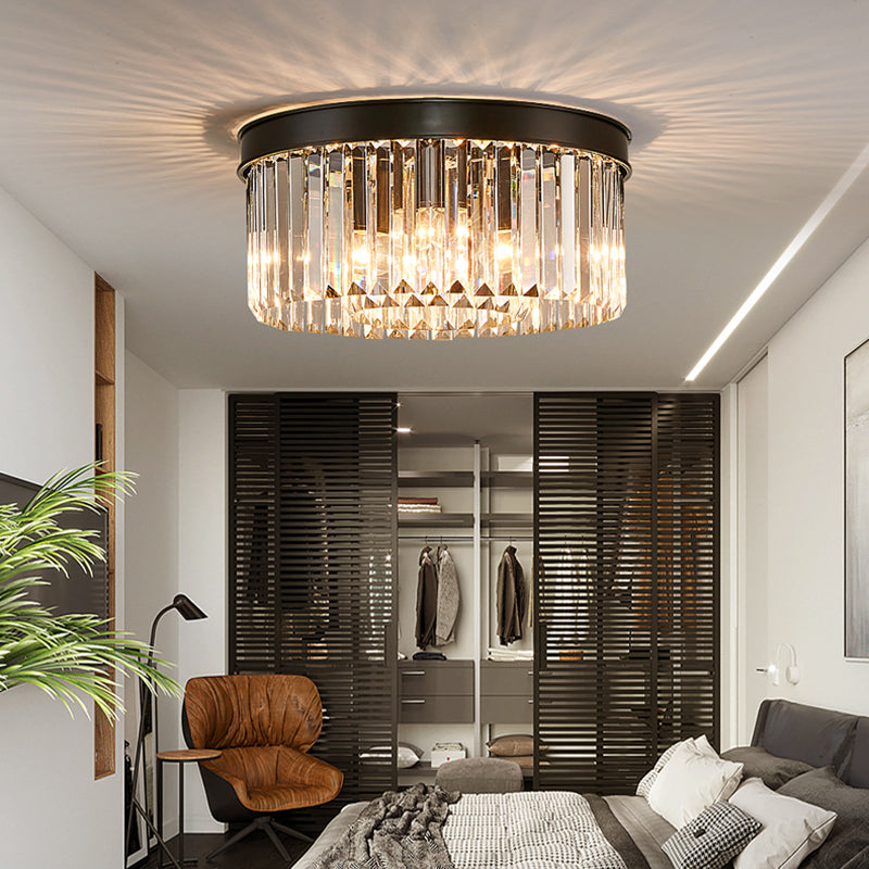 Vintage Circular Flush Mount Lighting Metal 4/6/8 Lights Ceiling Lamp with Clear Crystal Prism in Black