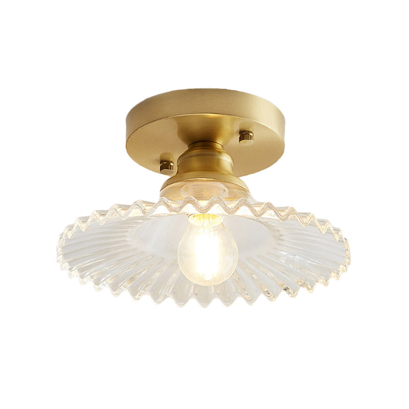 1 Light Flared Semi Flush Light Industrial Clear/Green Ribbed Glass Ceiling Mount for Living Room