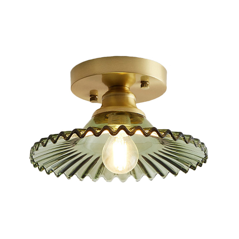 1 Light Flared Semi Flush Light Industrial Clear/Green Ribbed Glass Ceiling Mount for Living Room