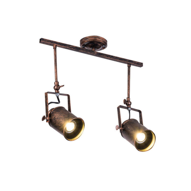 Antique Style Cylinder Track Light 1/2/3-Light Wrought Iron Semi-Flush Ceiling Light in Dark Rust for Coffee Shop