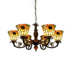 Large Chandeliers for Living Room, 6-Lights Sunflower Pendant Lighting with Stained Glass Shade Tiffany Style