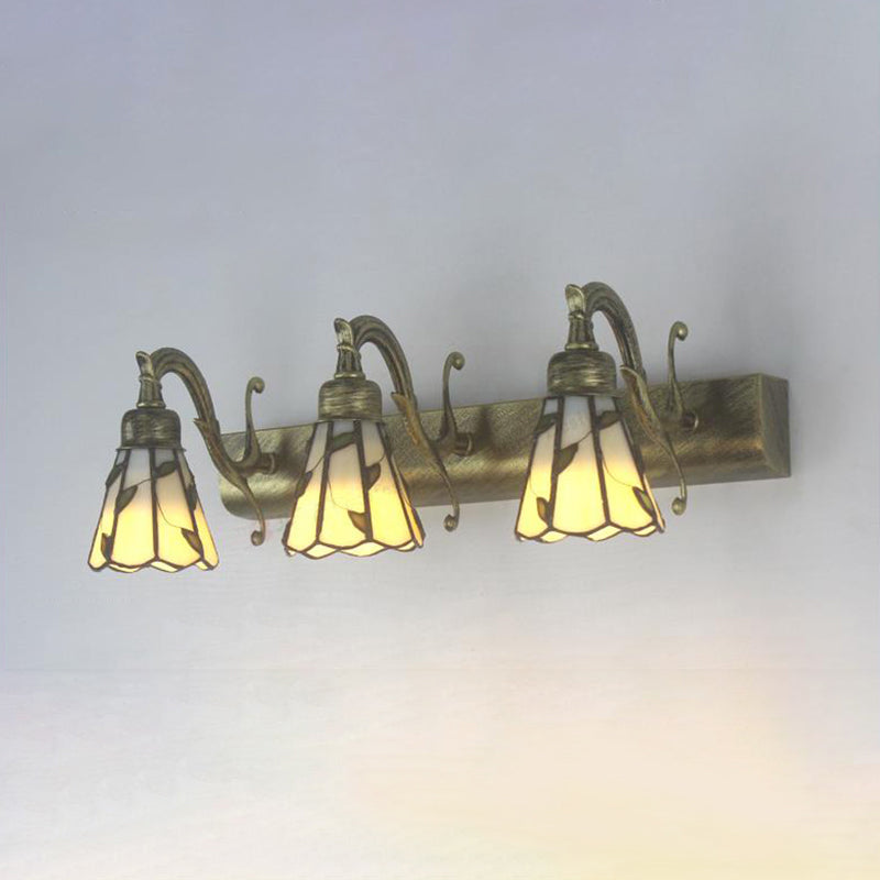 3 Heads Leaf Vanity Light Rustic Loft Stained Glass Makeup Mirror Light with Linear Backplate in Copper/Antique Brass/Gold