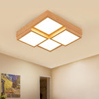 Natural Wood Square Flush Light Modern 4/6/9-Light Wooden LED Ceiling Lamp in Warm/White/Natural Light