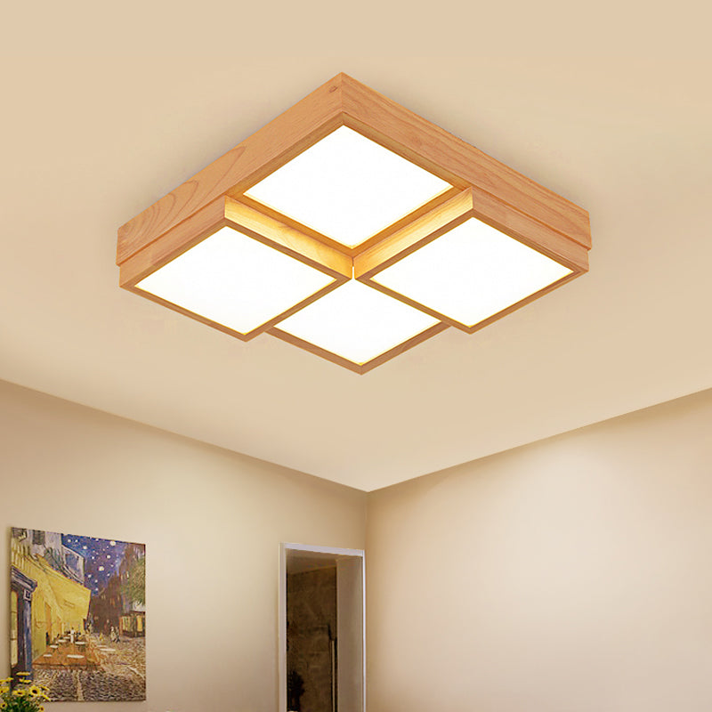 Natural Wood Square Flush Light Modern 4/6/9-Light Wooden LED Ceiling Lamp in Warm/White/Natural Light
