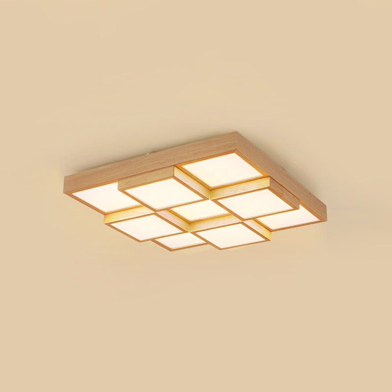 Natural Wood Square Flush Light Modern 4/6/9-Light Wooden LED Ceiling Lamp in Warm/White/Natural Light