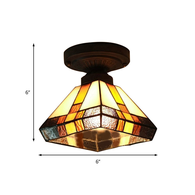 Vintage Tiffany Craftsman Flush Ceiling Light 1 Light Stained Glass Ceiling Lamp in Black/Antique Brass for Corridor