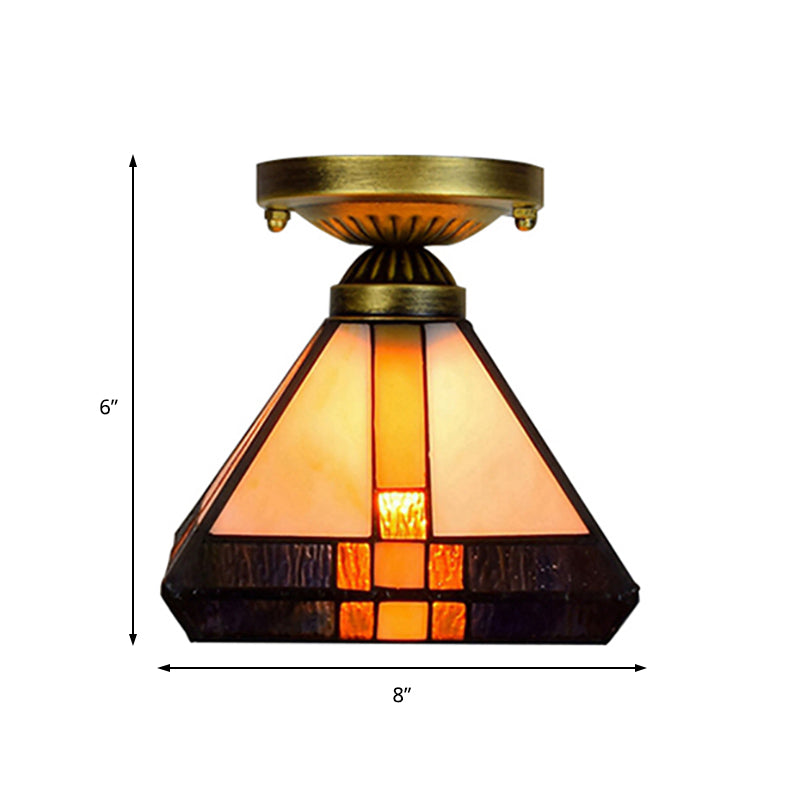 Vintage Tiffany Craftsman Flush Ceiling Light 1 Light Stained Glass Ceiling Lamp in Black/Antique Brass for Corridor