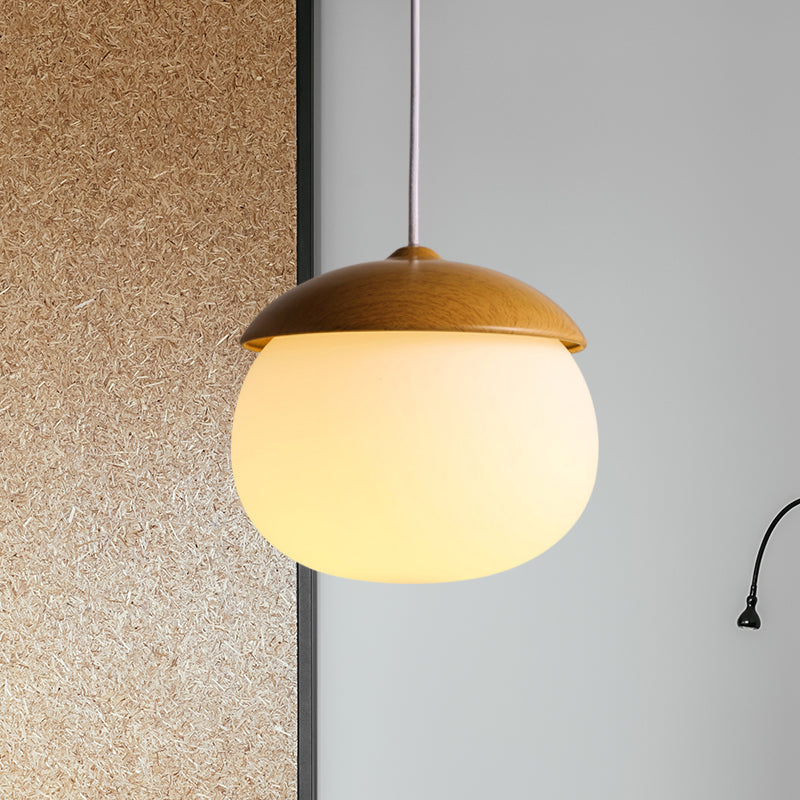 1 Light Nut Shaped Hanging Light Japanese Style Glass & Wood Pendant Light in White for Shop
