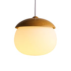 1 Light Nut Shaped Hanging Light Japanese Style Glass & Wood Pendant Light in White for Shop