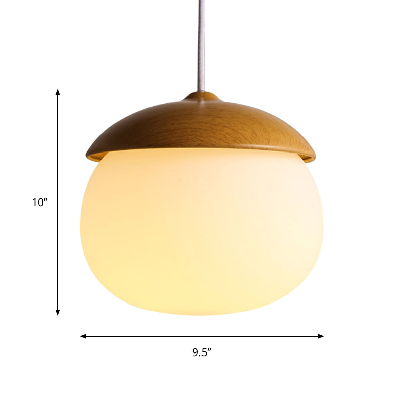 1 Light Nut Shaped Hanging Light Japanese Style Glass & Wood Pendant Light in White for Shop