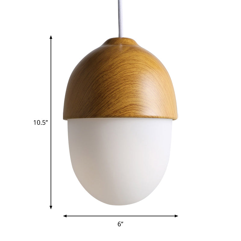 1 Light Nut Shaped Hanging Light Japanese Style Glass & Wood Pendant Light in White for Shop