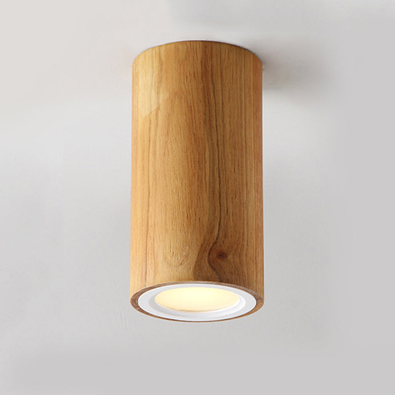 Wood Cylinder Down Light Asian Style Flush Mount Light in Beige for Dining Room