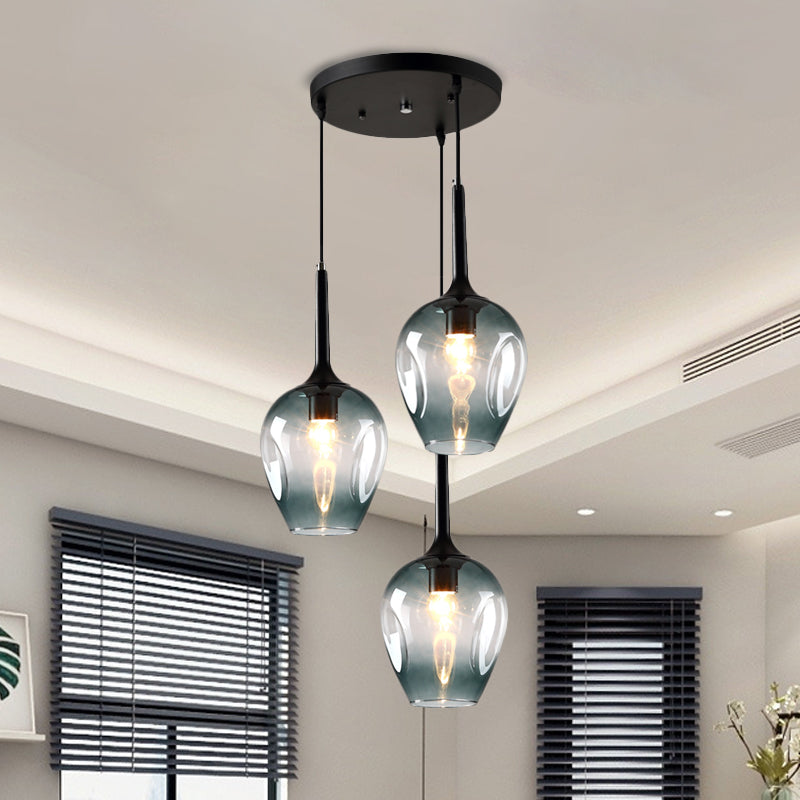 Black Tulip Cluster Lighting Modernist 3 Lights Amber/Smoke/Blue Glass Hanging Ceiling Lamp with Spiral Design
