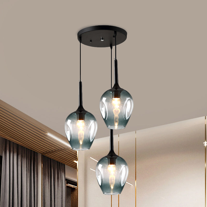 Black Tulip Cluster Lighting Modernist 3 Lights Amber/Smoke/Blue Glass Hanging Ceiling Lamp with Spiral Design