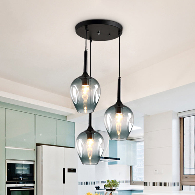 Black Tulip Cluster Lighting Modernist 3 Lights Amber/Smoke/Blue Glass Hanging Ceiling Lamp with Spiral Design