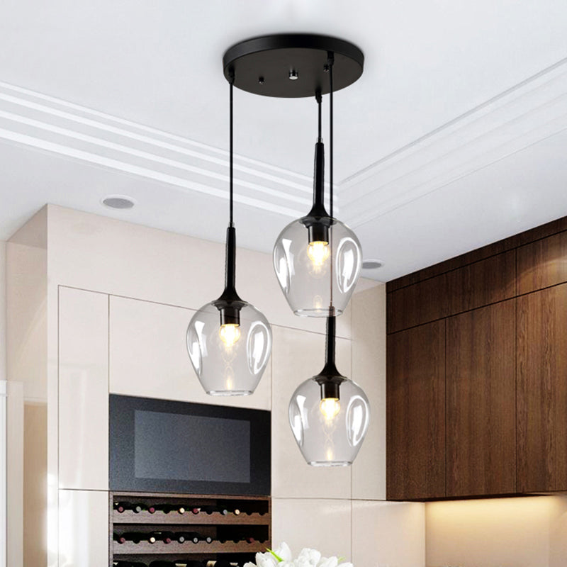 Black Tulip Cluster Lighting Modernist 3 Lights Amber/Smoke/Blue Glass Hanging Ceiling Lamp with Spiral Design