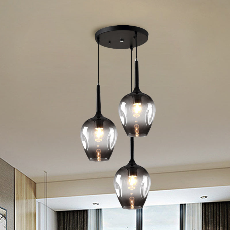 Black Tulip Cluster Lighting Modernist 3 Lights Amber/Smoke/Blue Glass Hanging Ceiling Lamp with Spiral Design