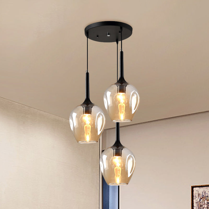 Black Tulip Cluster Lighting Modernist 3 Lights Amber/Smoke/Blue Glass Hanging Ceiling Lamp with Spiral Design