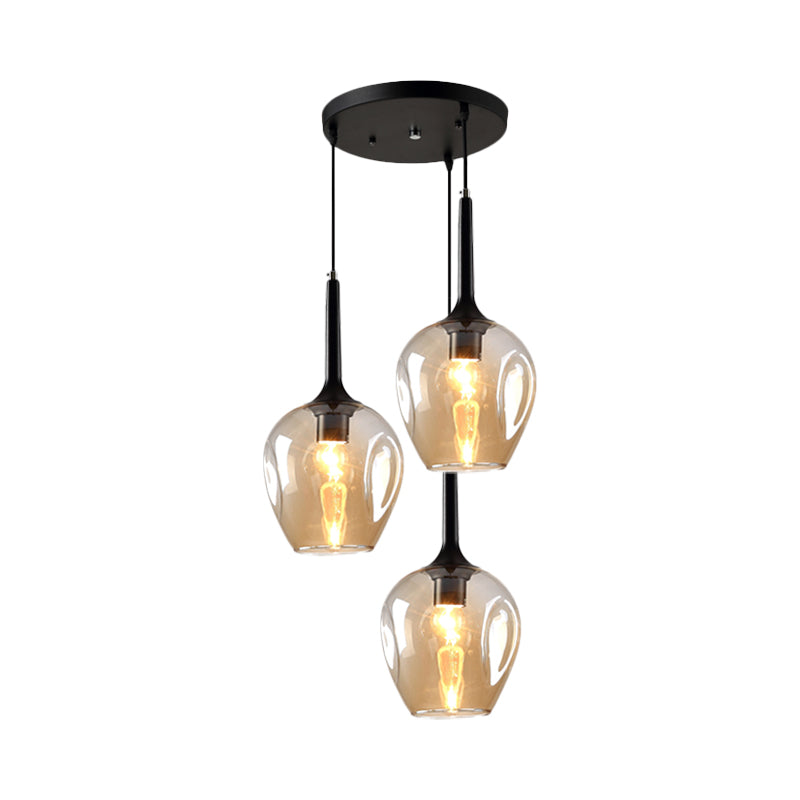Black Tulip Cluster Lighting Modernist 3 Lights Amber/Smoke/Blue Glass Hanging Ceiling Lamp with Spiral Design