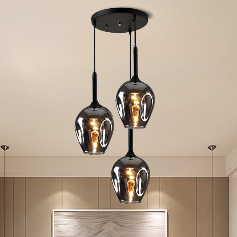 Black Tulip Cluster Lighting Modernist 3 Lights Amber/Smoke/Blue Glass Hanging Ceiling Lamp with Spiral Design