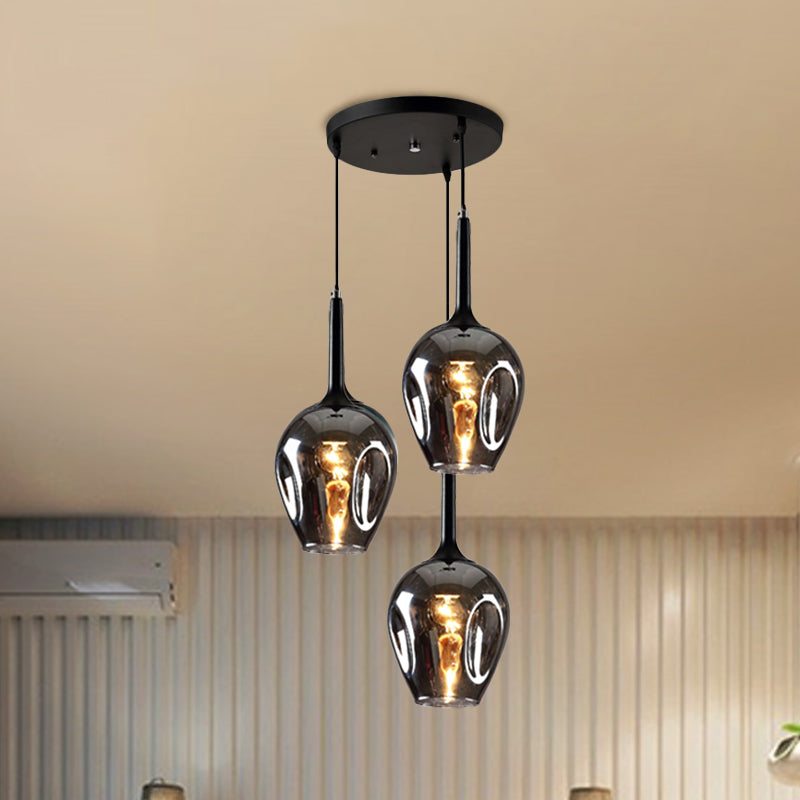 Black Tulip Cluster Lighting Modernist 3 Lights Amber/Smoke/Blue Glass Hanging Ceiling Lamp with Spiral Design